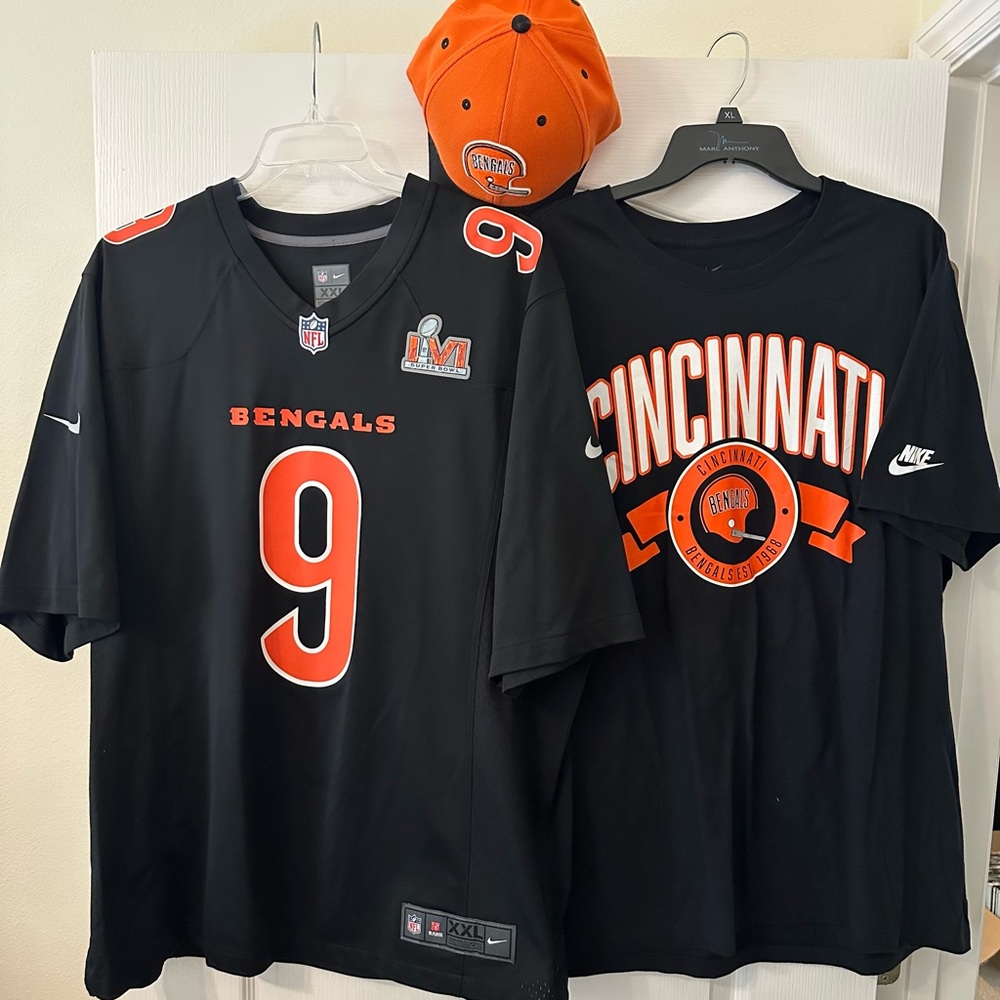 Joe Burrow Bengals Super Bowl LVI Nike Jersey Adult 2XL Blk/Org + T-shirt + Hat!